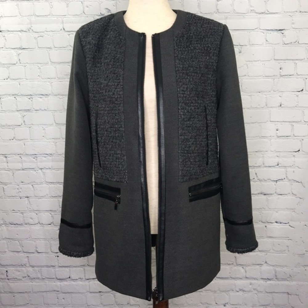 METAPHOR Wool Blend and Vegan Leather Coat Gray S - Picture 2 of 10
